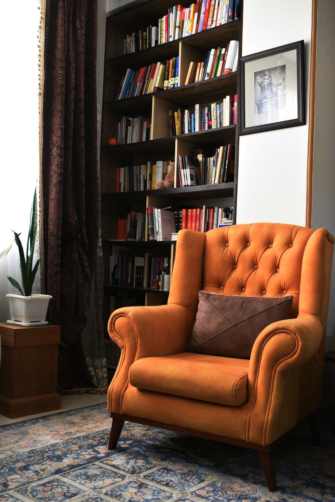 Image du cabinet avec un fauteuil, une bibliotheque, un tapis, une ambiance chaude et chaleureuse
